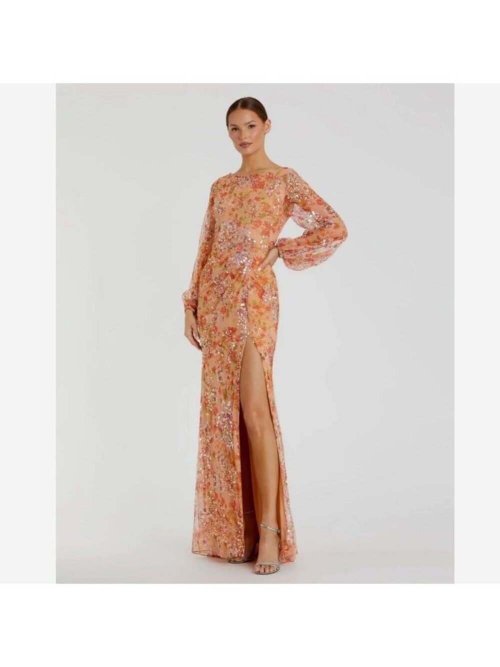 Mac Duggal Orange Floral Sequined Puff Sleeve Gown Apricot Formal Evening 16